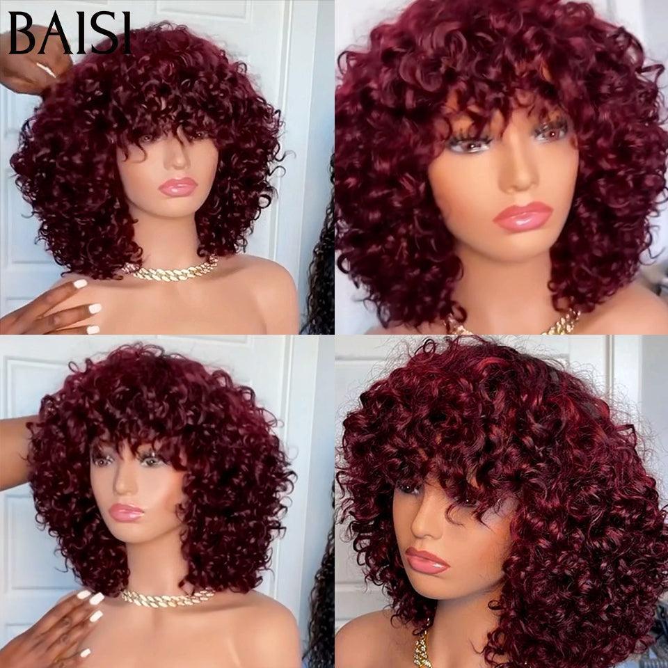 BAISI Offre Flash 82€ Perruque Bouclée Egg Curl Rouge Bordeaux ou Marron Sans Lace Sans Colle en 100% Cheveux Humains