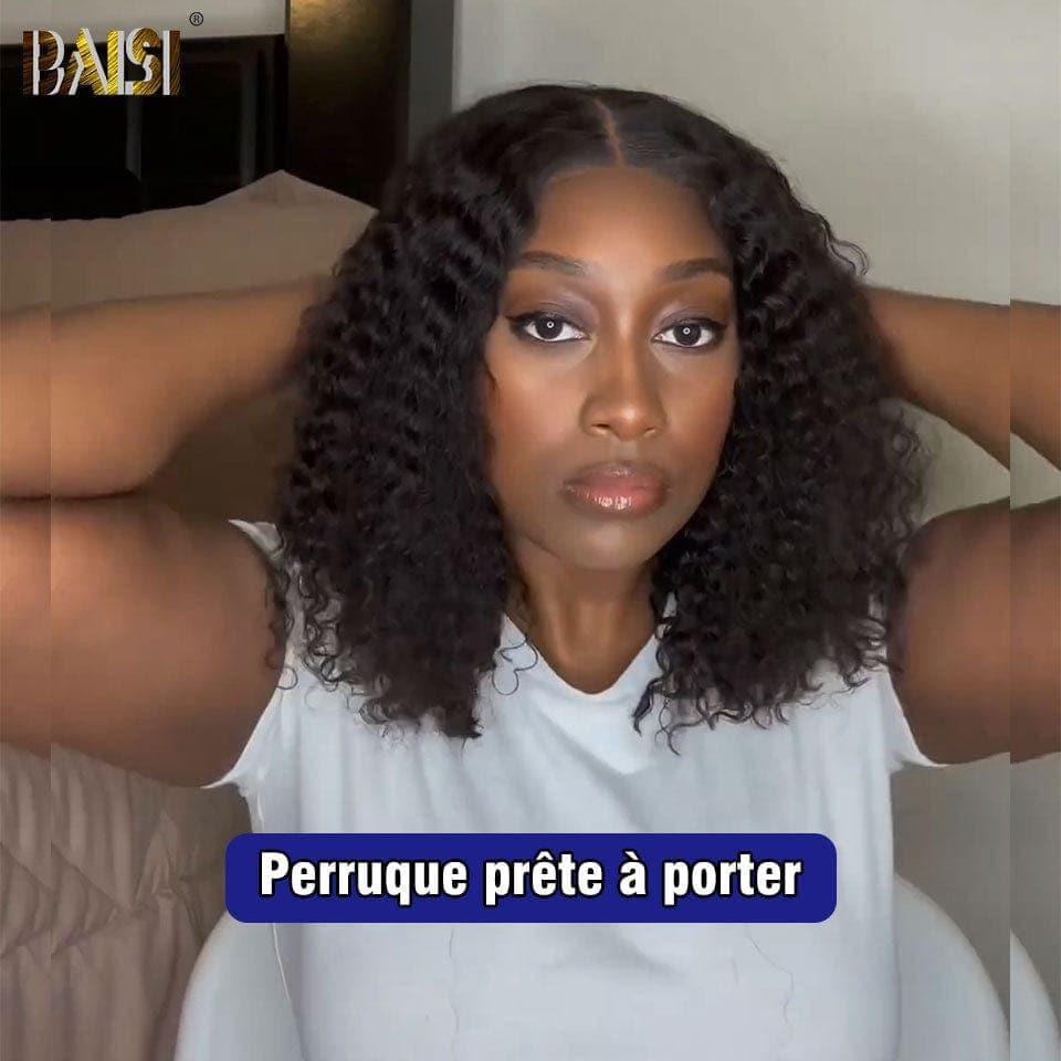 BAISI Achetez 2 perruques minimum au prix d'usine fournisseur en France TVA 0€ 48H arrivé 13x4 Frontal Perruque Curly Wave 10 pouce 79€ en noir  Pré-plucked Pas Besoin de Colle en 100% Raw Hair