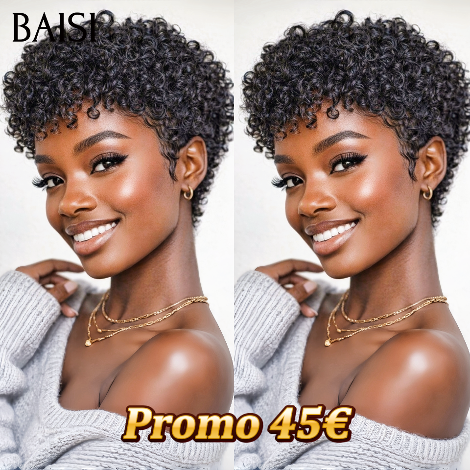 BAISI Promo 45€ Perruque Pixie sans Colle curly wave En Couleur noir en 100% Cheveux Humains