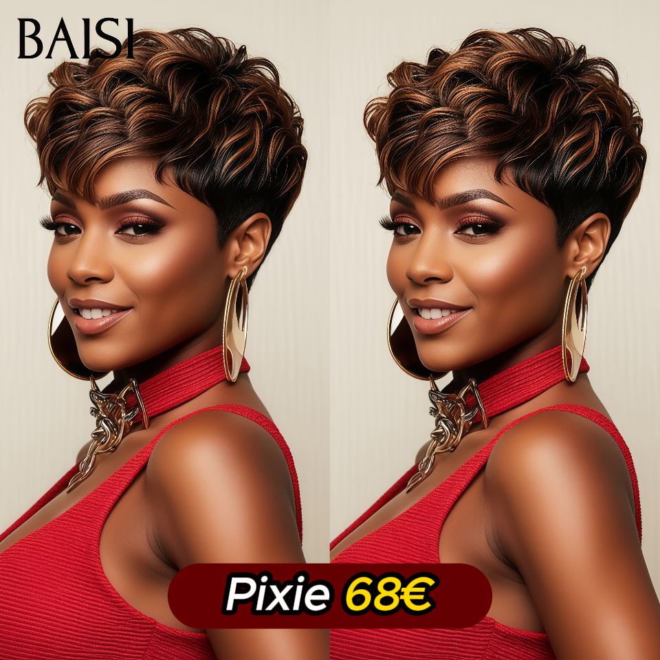 BAISI  Perruque Pixie bouclé  petite coupe Mixte brun Couleur 68€ ou Noir 6 pouces 58€ Moitié Prix En 100% Cheveux Humains MP50