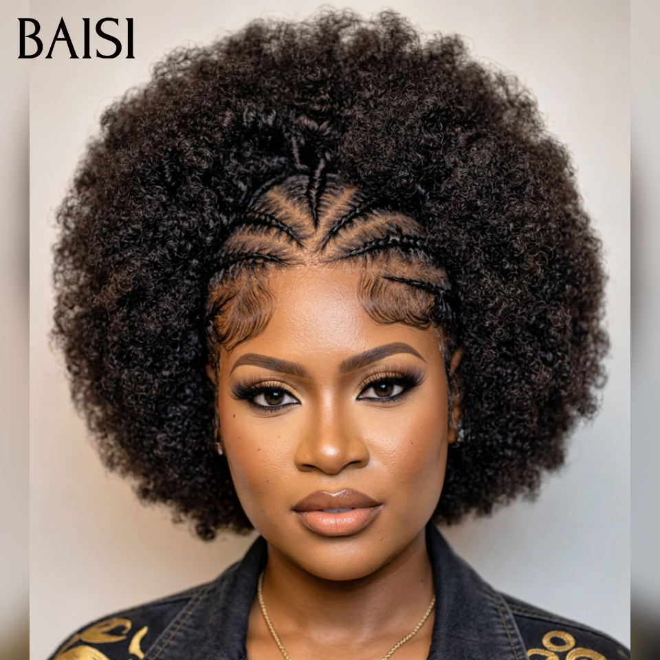 Parrucca riccia Bob Afro BAISI Piccola treccia riccia frontale in pizzo 100% capelli umani
