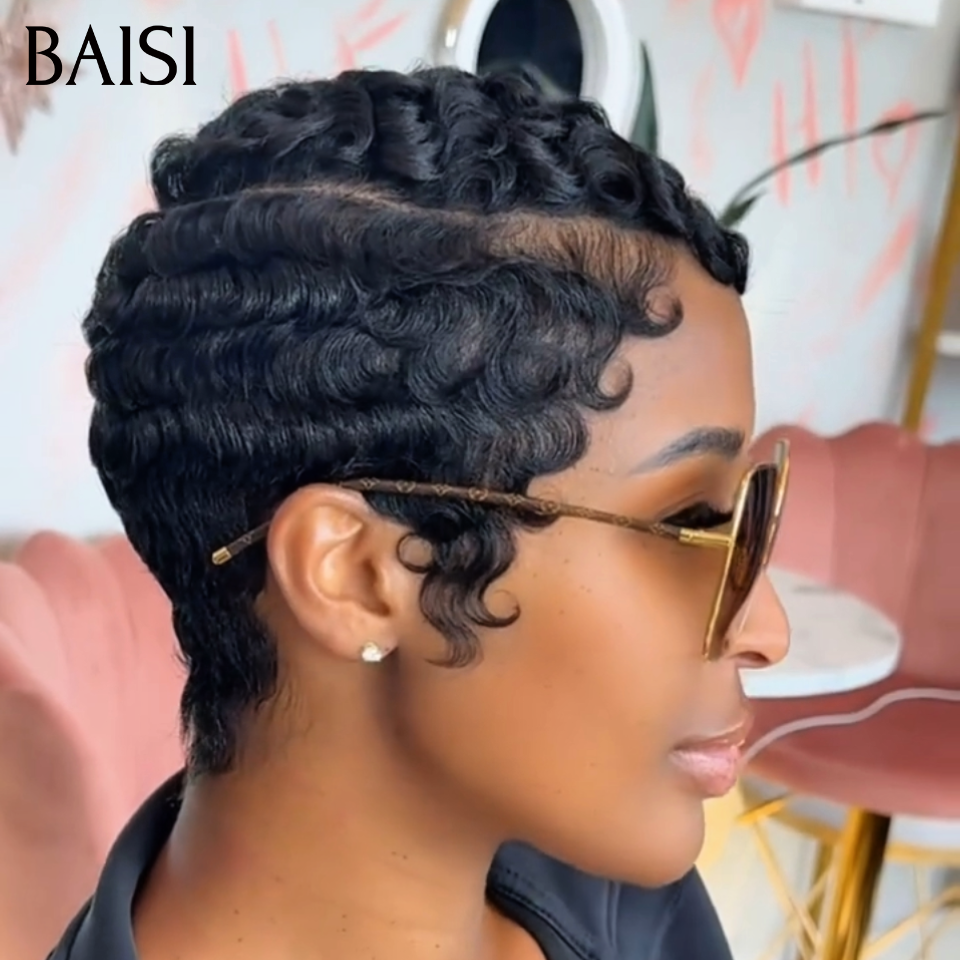 BAISI 4X4 Pixie Egg Curls Wig 10 Inches Side Parting 1B# €69 in 100% Human Hair FR38