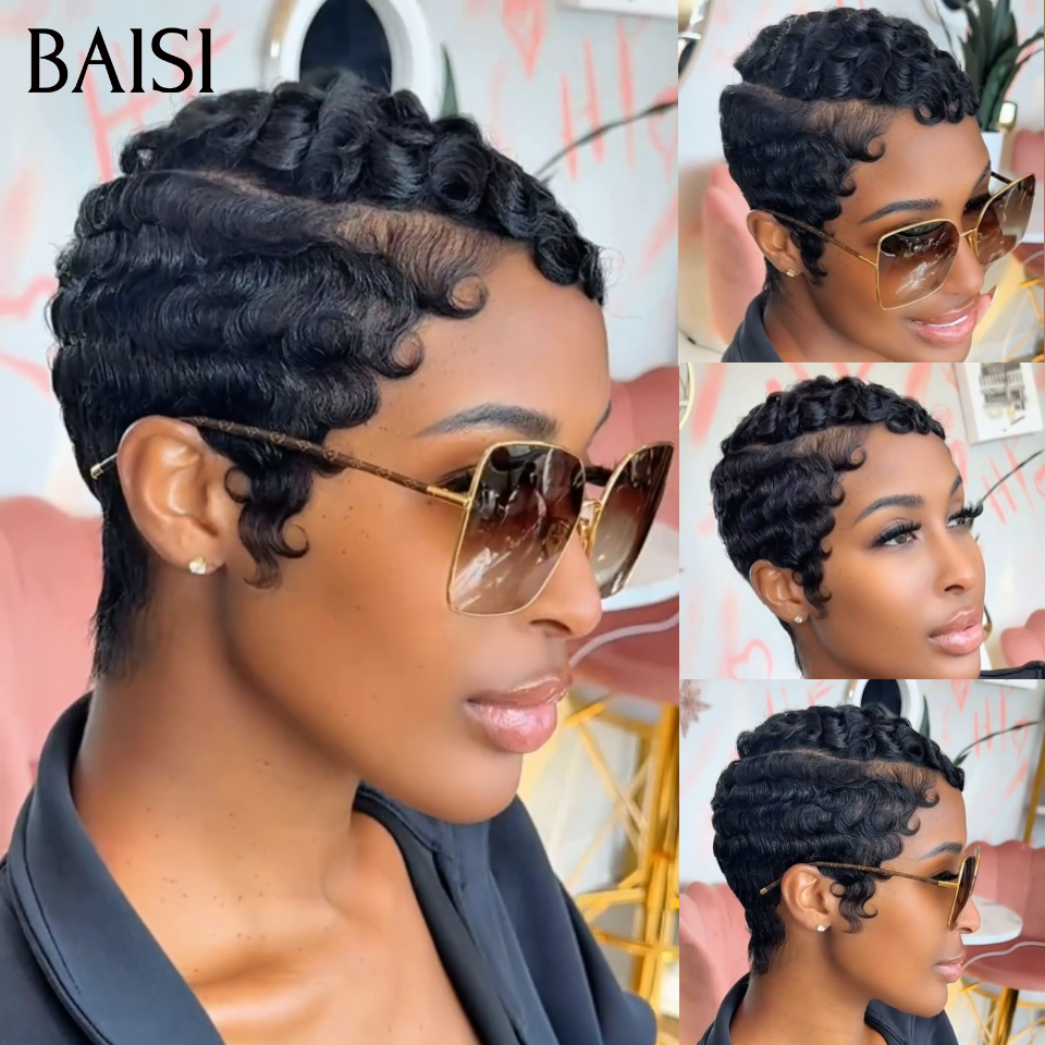 BAISI 4X4 Pixie Egg Curls Wig 10 Inches Side Parting 1B# €69 in 100% Human Hair FR38