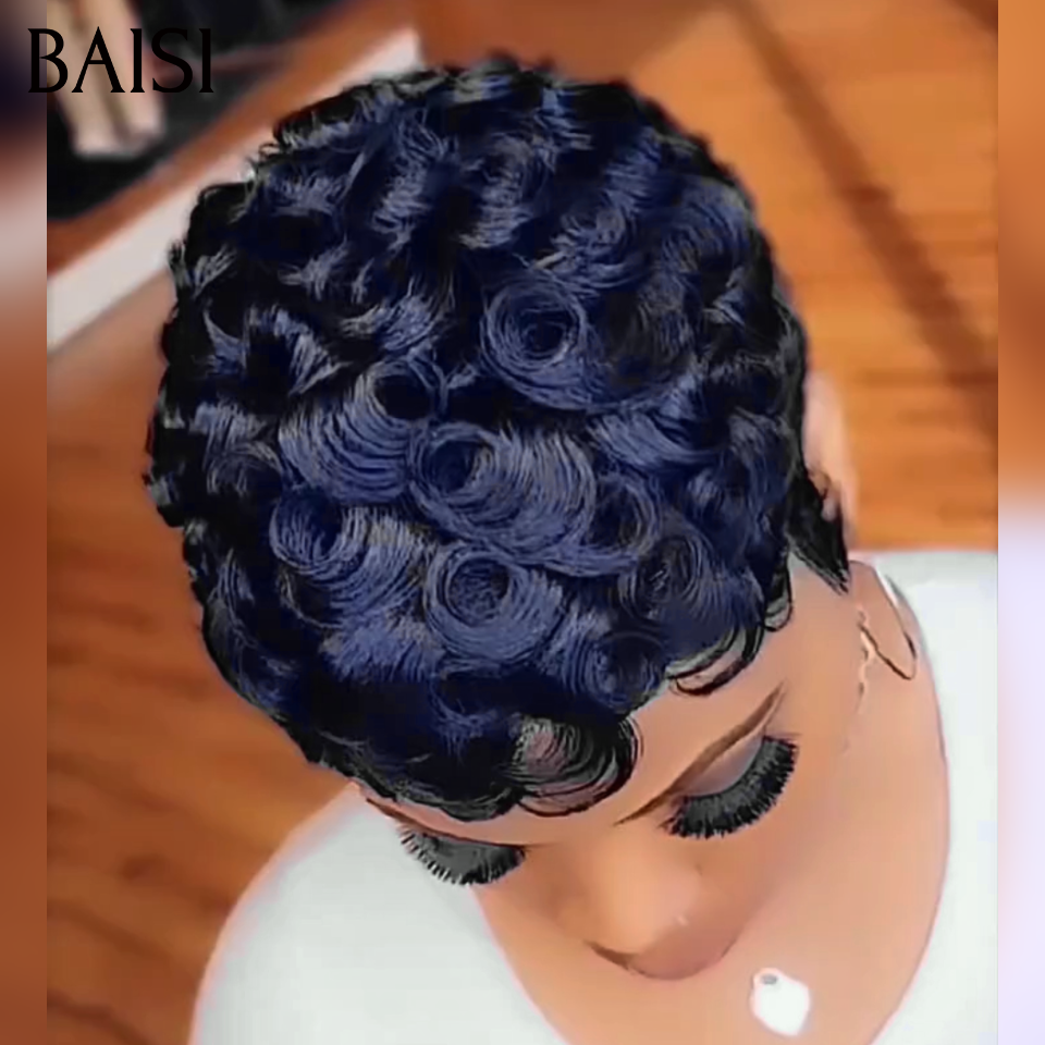 BAISI Flash Offer €55 13X4 Lace Frontal Pixie Wave Wig In Black Color in 100% Human Hair #996
