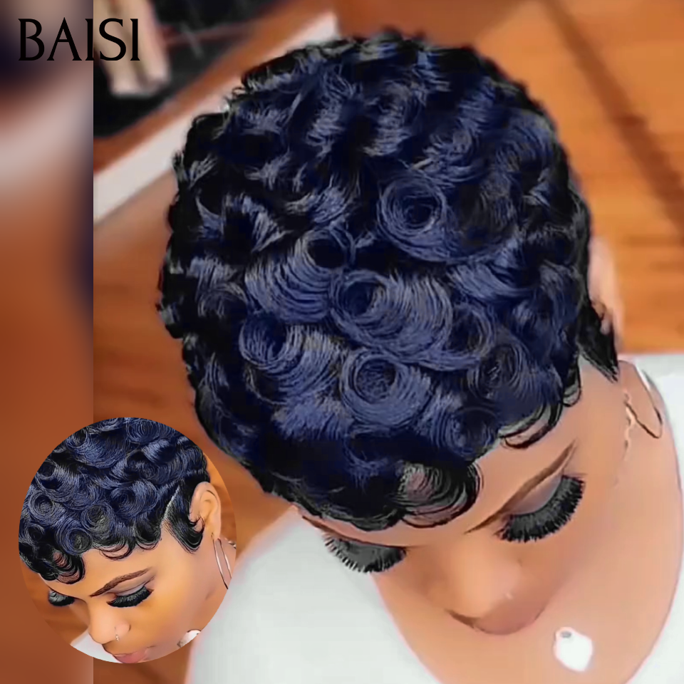 BAISI Flash Offer €55 13X4 Lace Frontal Pixie Wave Wig In Black Color in 100% Human Hair #996