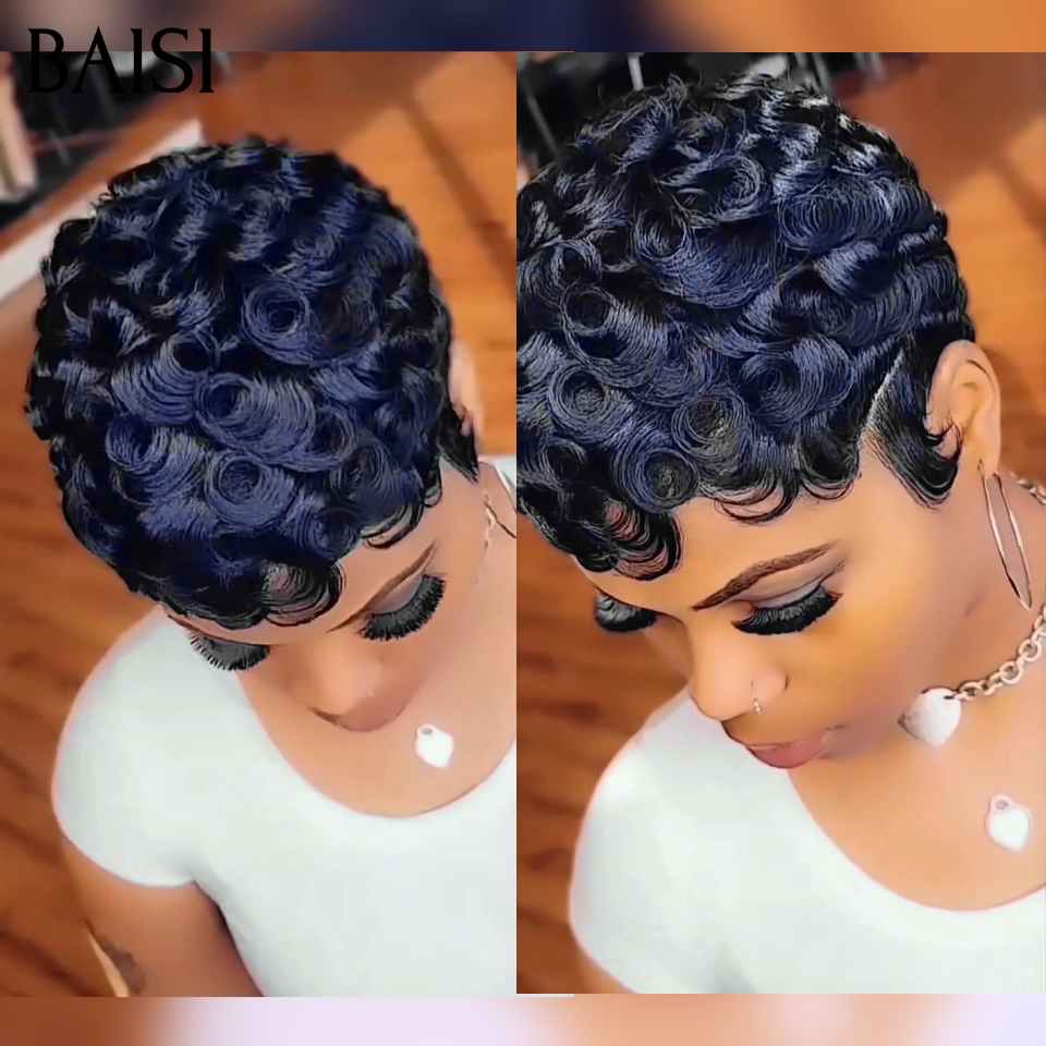 BAISI Flash Offer €55 13X4 Lace Frontal Pixie Wave Wig In Black Color in 100% Human Hair #996
