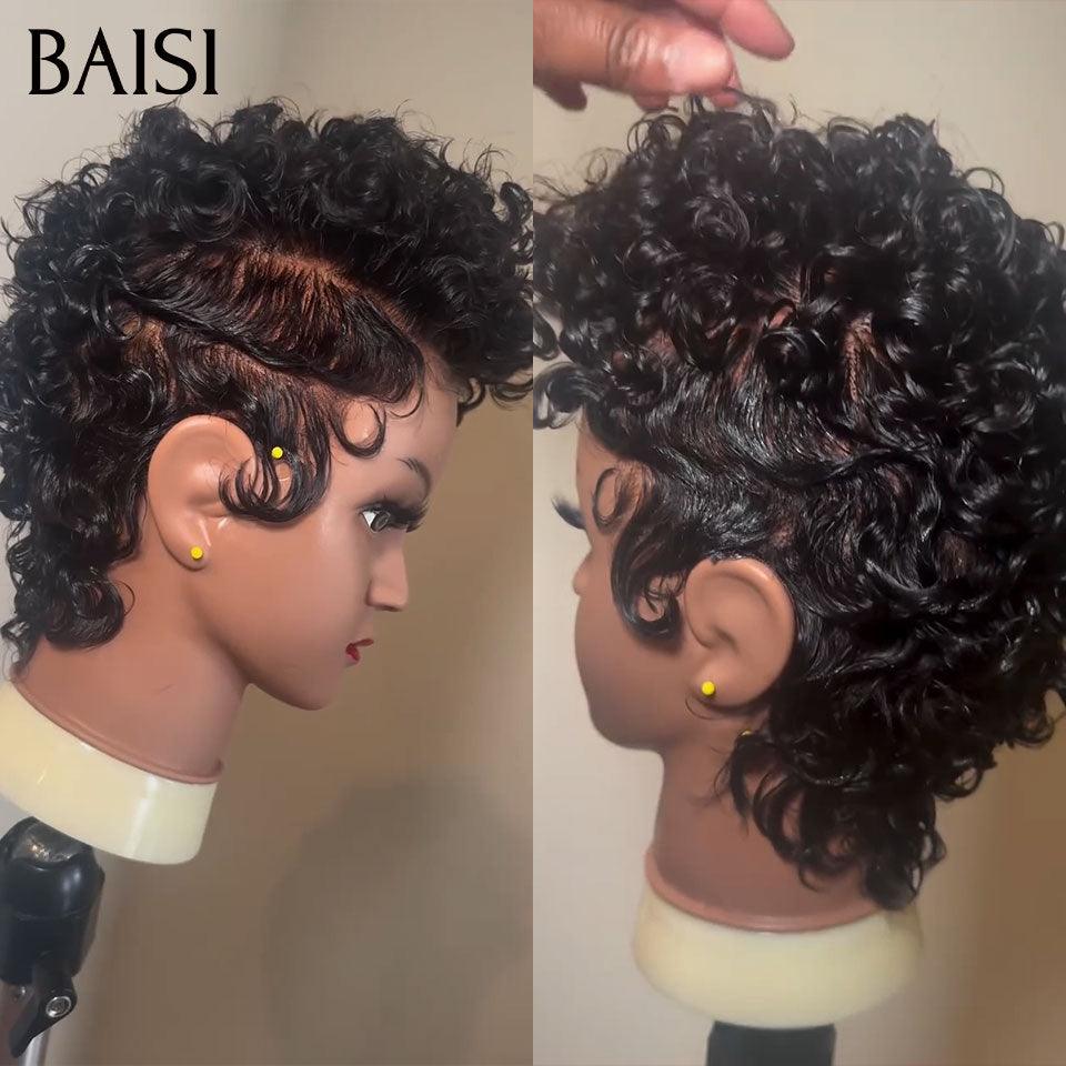 BAISI Perruque Full Lace 100% Cheveux Naturels Full Lace Perruque Pixie  Finger Wave petite coupe en Couleur Noir en 100% cheveux humains