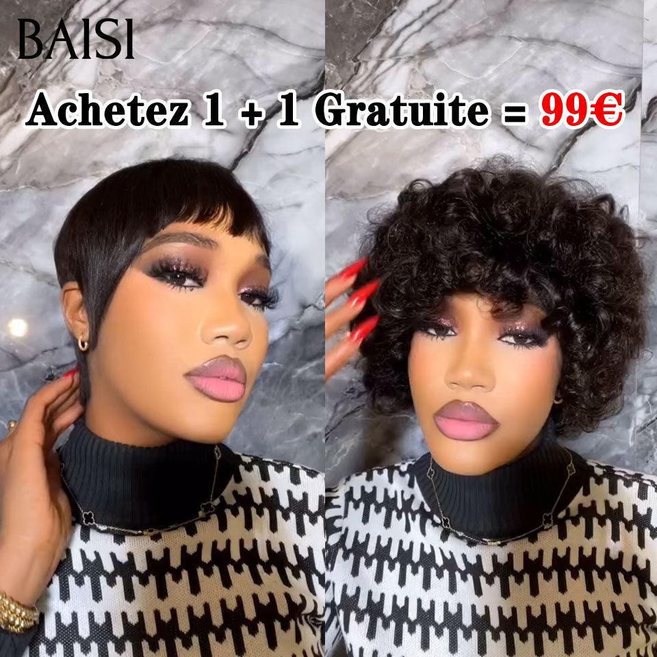 BAISI 1 Acquistata + 1 Gratis = 99€ Parrucca senza lace pixie e bob egg wave con frangia 12 pouces in capelli umani (nessun codice necessario)
