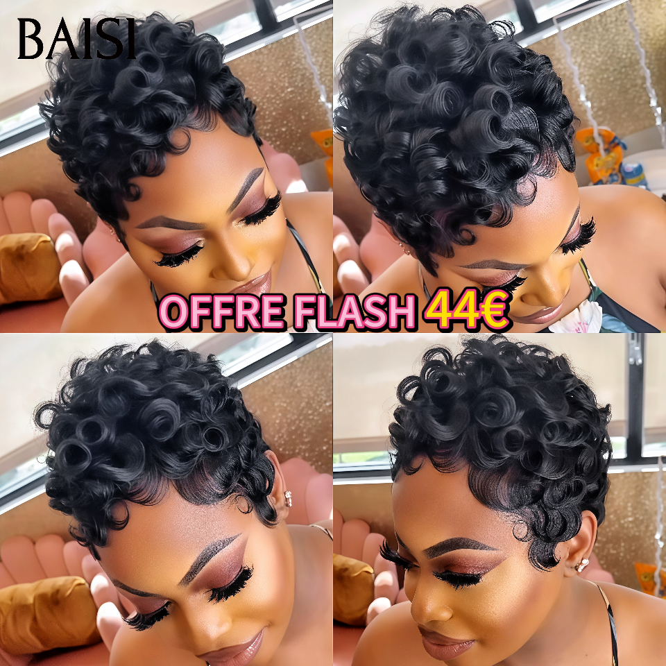 BAISI Prix en Gros Chioma Sans Colle 44€ ou 46€ Perruque Pixie Afro sans lace sans colle bouclé partout Noir en 100% cheveux humains