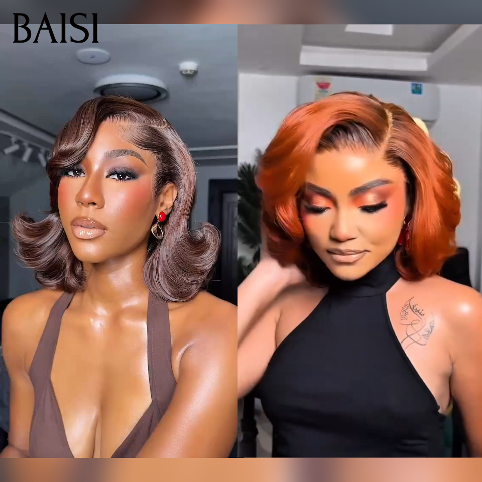 13x4 lace frontal Perruque boucle wave BOB en 2 couleurs Marron ou orange 100% bonne qualité en 100% Cheveux Humains