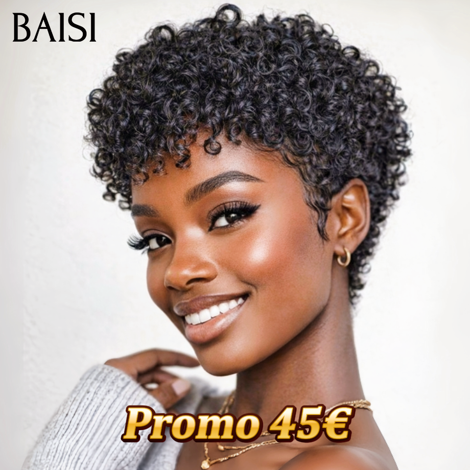 BAISI Promo 45€ Perruque Pixie sans Colle curly wave En Couleur noir en 100% Cheveux Humains