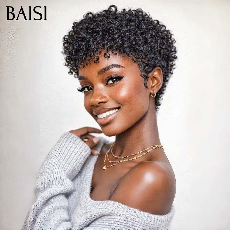 BAISI Promo 45€ Perruque Pixie sans Colle curly wave En Couleur noir en 100% Cheveux Humains