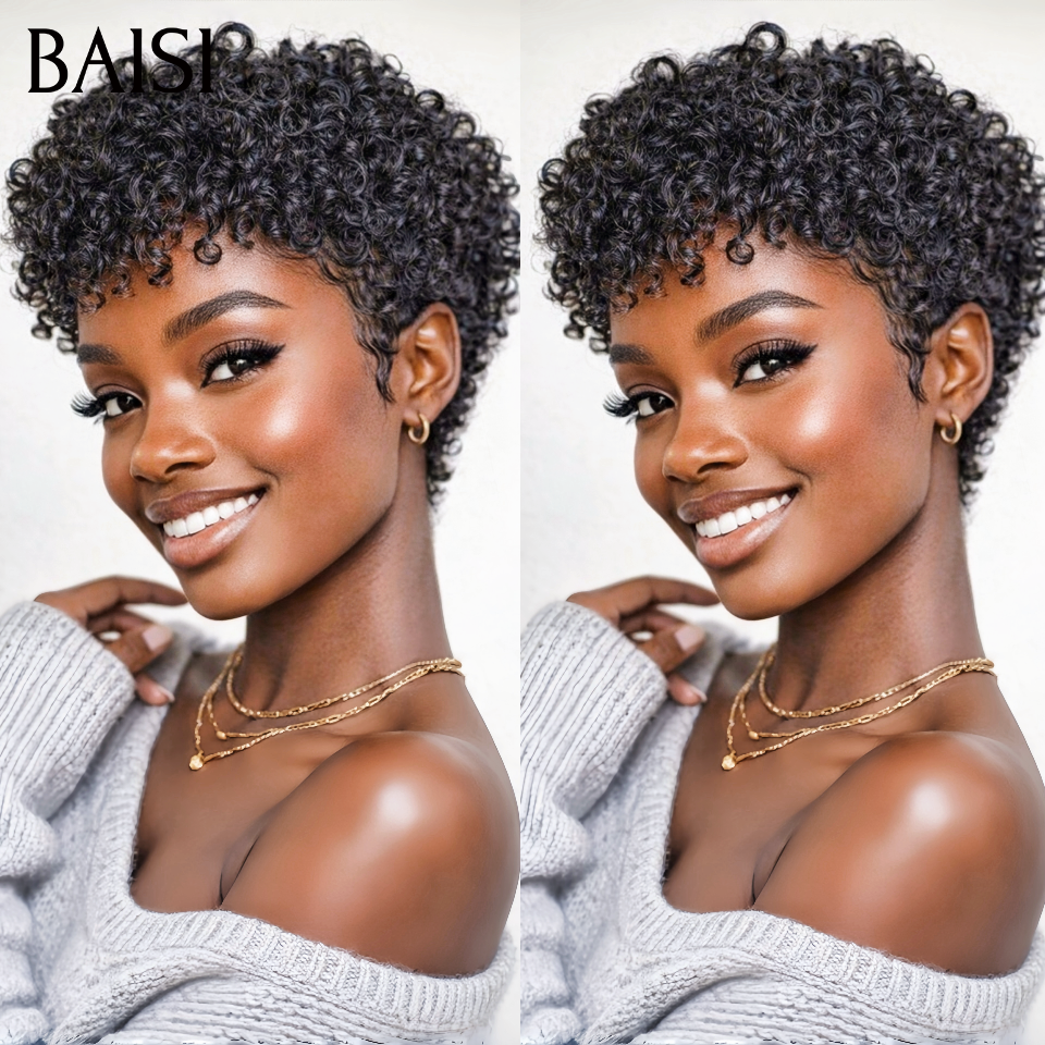 BAISI Promo 45€ Perruque Pixie sans Colle curly wave En Couleur noir en 100% Cheveux Humains