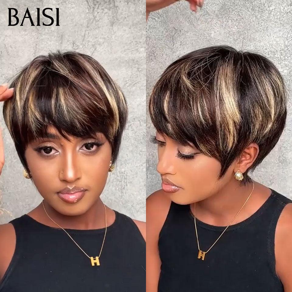 BAISI Perruque Pixie Lisse en couleur Mixte 58€ moitié prix sans colle sans lace  100% Cheveux Humains Fabriqué à la Machine MP50
