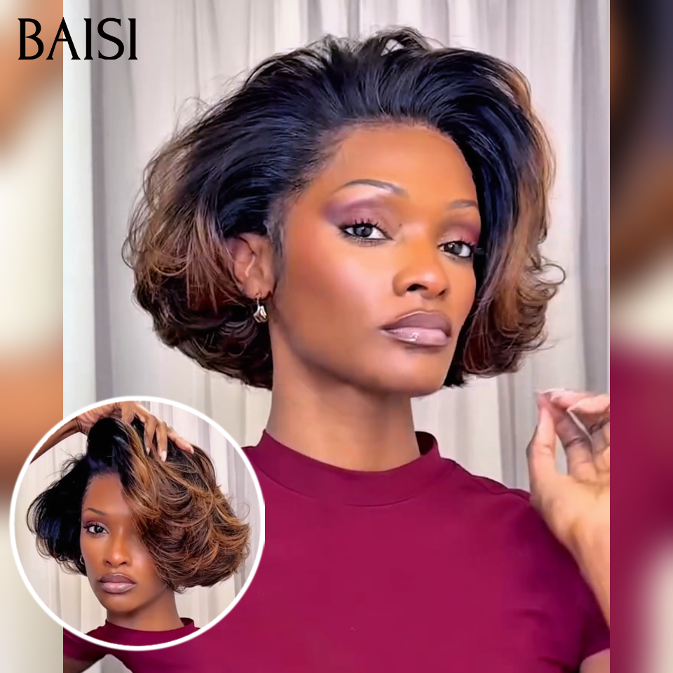 13x4 lace frontal Perruque boucle wave 66€ Moitié prix produit BOB en couleur Marron avec racine NOIR en 100% Cheveux Humains