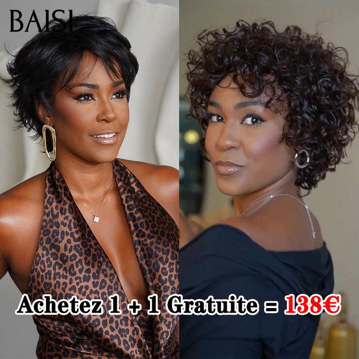 BAISI Acquista 1 + 1 Gratuito = 138€ 2 pixie NERO o Parrucche taglio corto prodotte a macchina 59€ metà prezzo -9188 In 100% Capelli Umani MP50