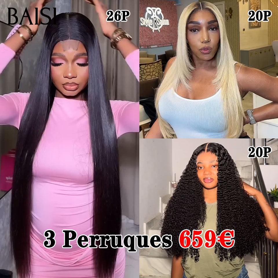 BAISI  3 Perruques 659€ pour revendre Lisse 26 pouces en couleur NOIR et 13X4 Lisse blonde 4#/613# 20 Pouces et 13X4 curly wave 20 pouces 300% densité en 100% vrais cheveux humains