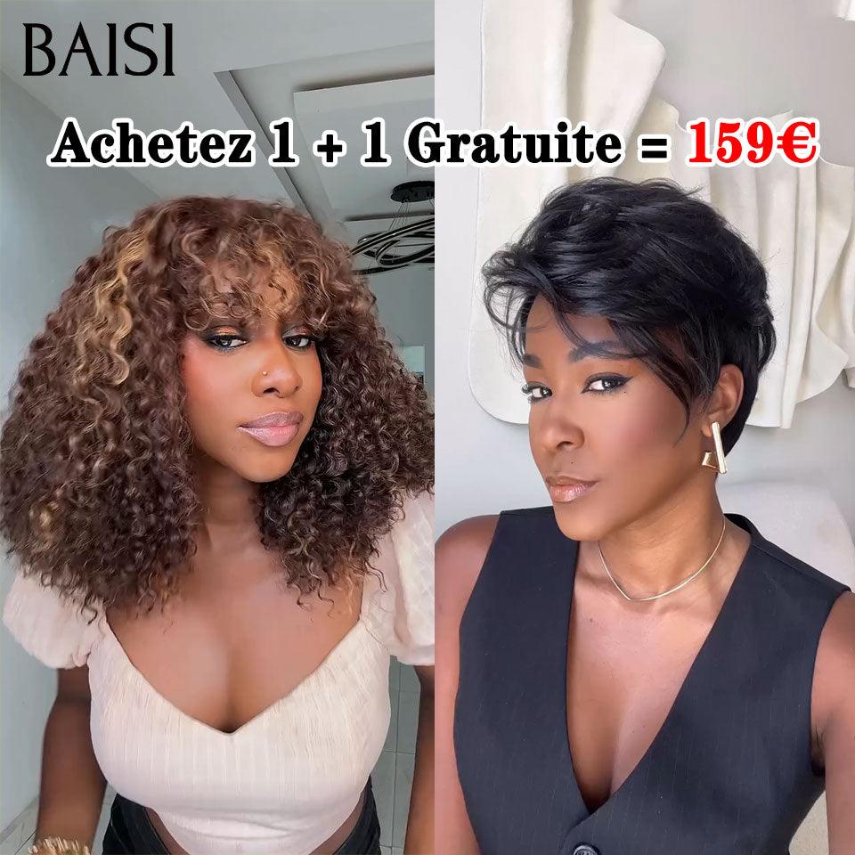 BAISI Achetez 1 + 1 Gratuite = 159€  Bob curly wave avec Frange et pixie Lisse ou Perruque Pixie Finger Wave petite coupe fabriqué à la machine 57€ En 100% Cheveux Humains
