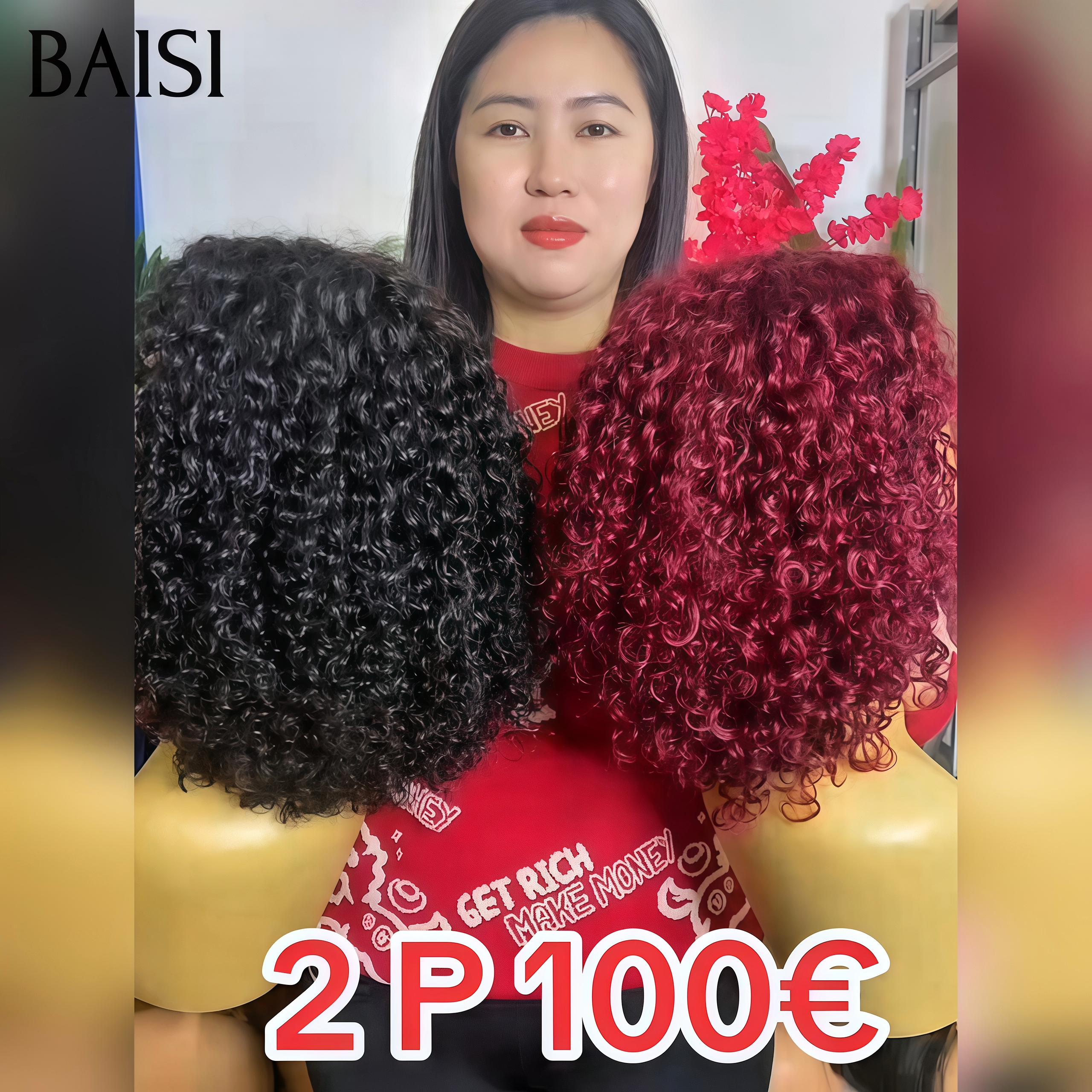 BAISI pour revendre 2 perruques 100€ BOB 13x4 lace frontal curly wave en 2 couleurs NOIR et Bordeaux en 100% vrais cheveux humains