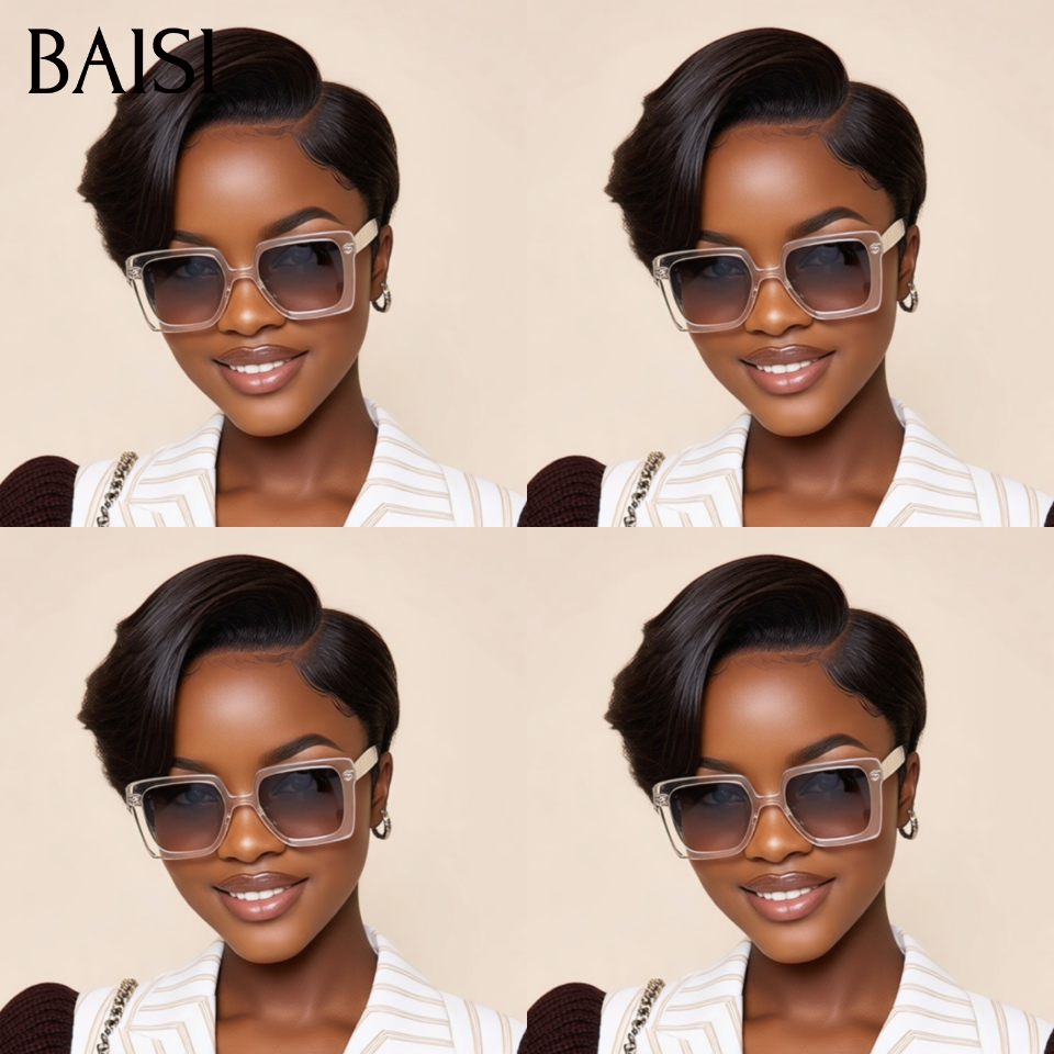 BAISI Promo 66€ Peruca 13X4 lace pixie lisa preta em 100% cabelo humano FR38