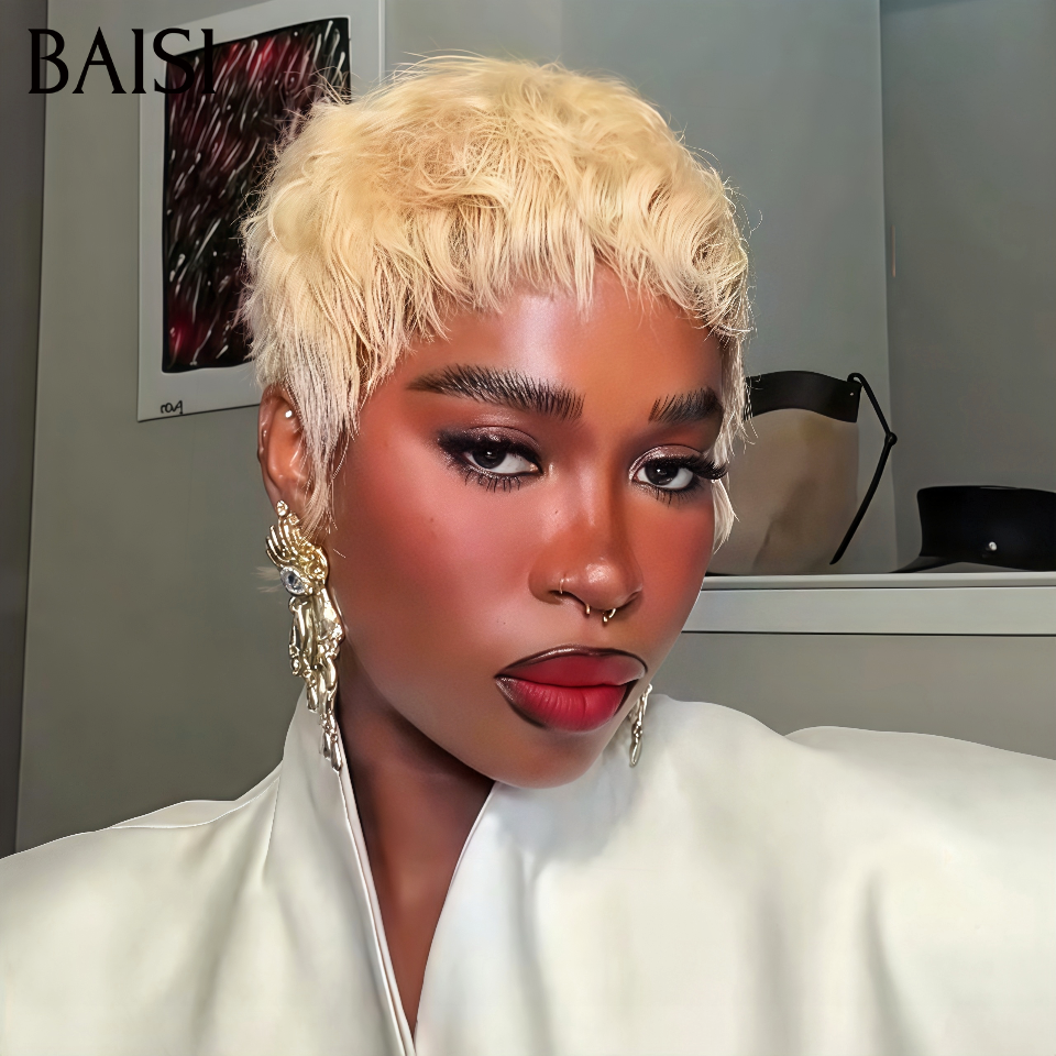 BAISI Achetez 2 perruques minimum au prix d'usine fournisseur pixie sans Colle blonde ou 13X4 perruque bob lisse en couleur #4#613 Pré-plucked Pas Besoin de Colle en 100% Raw Hair Lace déjà couper