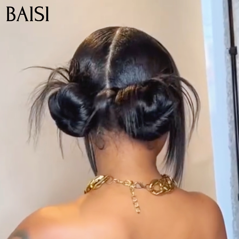 BAISI 13X4 Perruque Lisse Déjà Coiffée 85€ 10 Pouces en Couleur Pré-plucked Pas Besoin de Colle en 100% Raw Hair Lace déjà couper