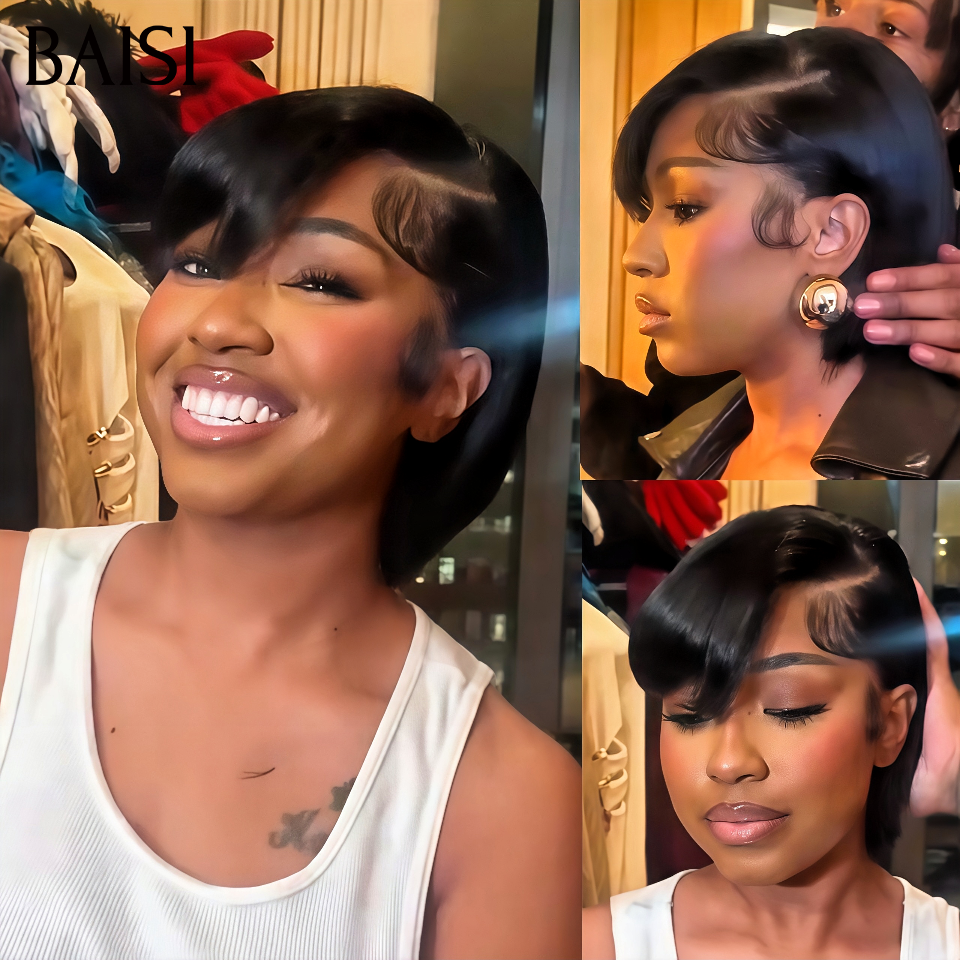 BAISI Perruque 4x4 lace lisse Pixie Coiffure comme la vidéo Promo 69€ En Couleur noir en 100% Cheveux Humains