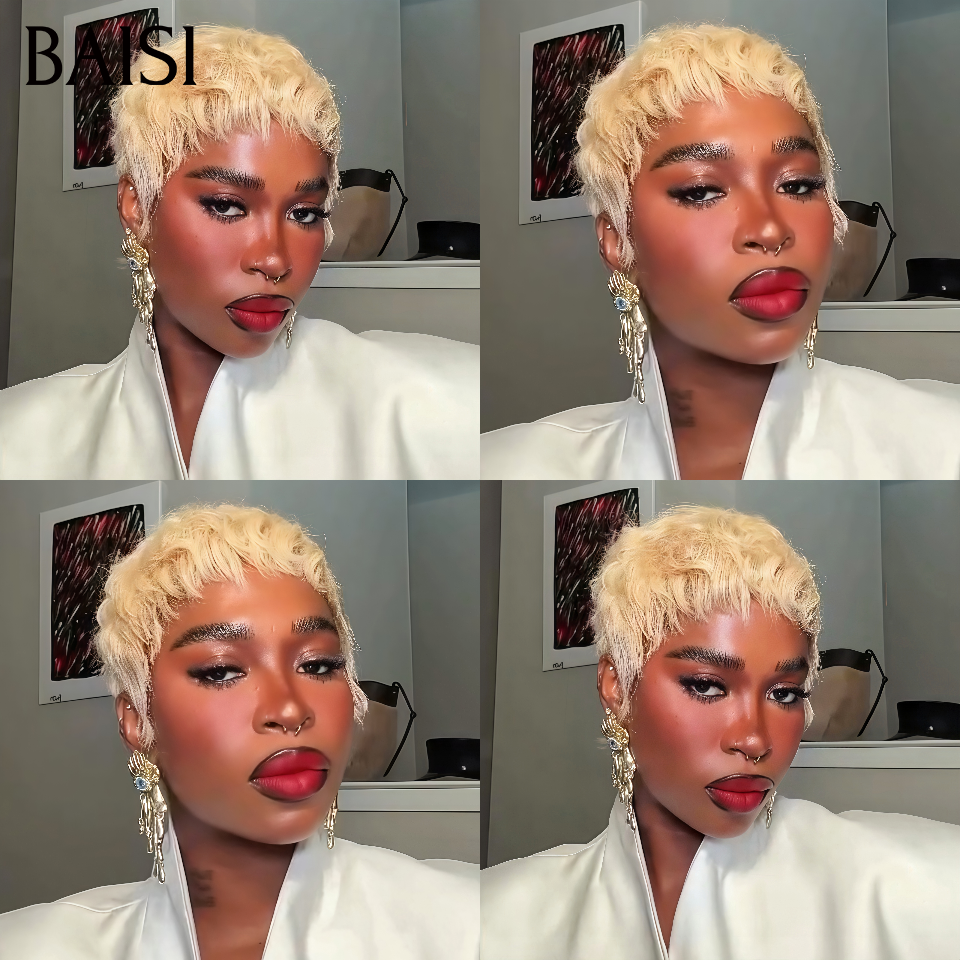 BAISI Achetez 2 perruques minimum au prix d'usine fournisseur pixie sans Colle blonde ou 13X4 perruque bob lisse en couleur #4#613 Pré-plucked Pas Besoin de Colle en 100% Raw Hair Lace déjà couper