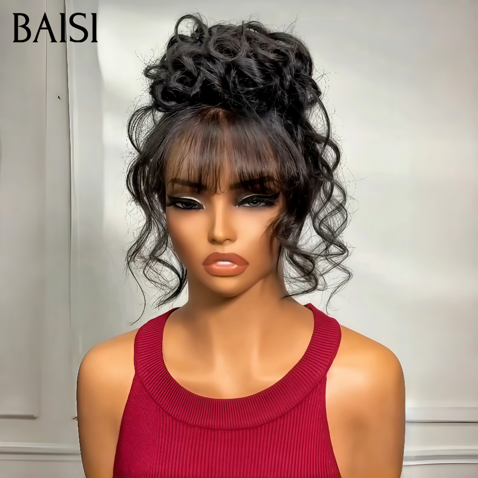 Nouveau produit  Moitié prix 13x4 lace frontal Perruque Body wave avec Frange PROMO 1 perruque avec 3 coiffure en couleur NOIR en 100% Cheveux Humains