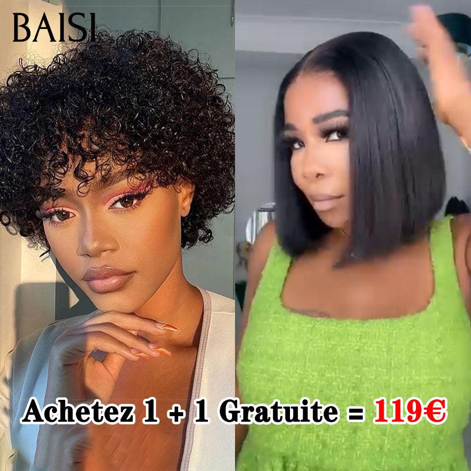 BAISI Achetez 1 + 1 Gratuite = 119€ sans Colle pixie curly wave et 13X4 Lisse 12 Pouces en 100% Cheveux Humains  BS60