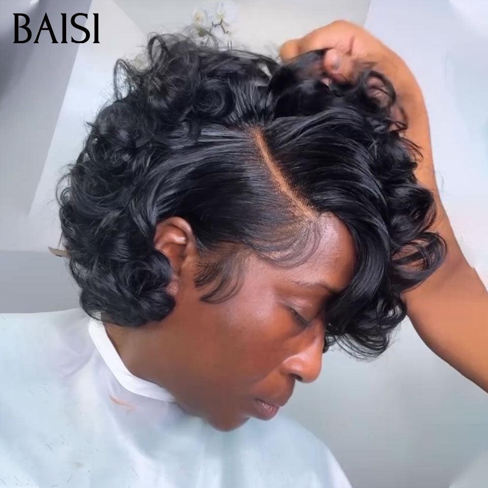 BAISI Perruque 13x4 lace frontal pixie curly ou 4X4 lace bob Curly 8 Pouces Raie sur le côté 1B# 86€ en 100% Cheveux Humains