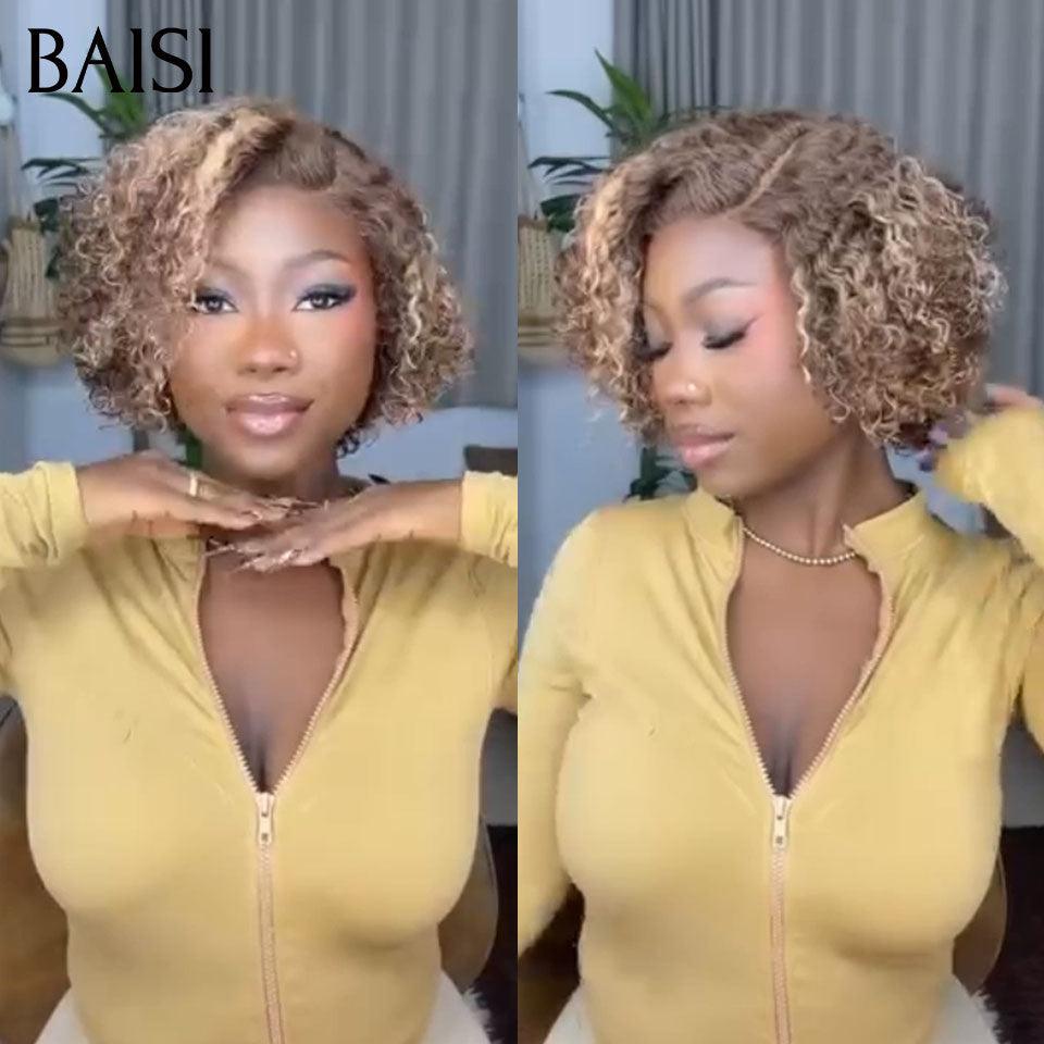 BAISI Perruque 13X4 lace bob Curly 8 Pouces Raie sur le côté 4/27# mixte en 100% Cheveux Humains