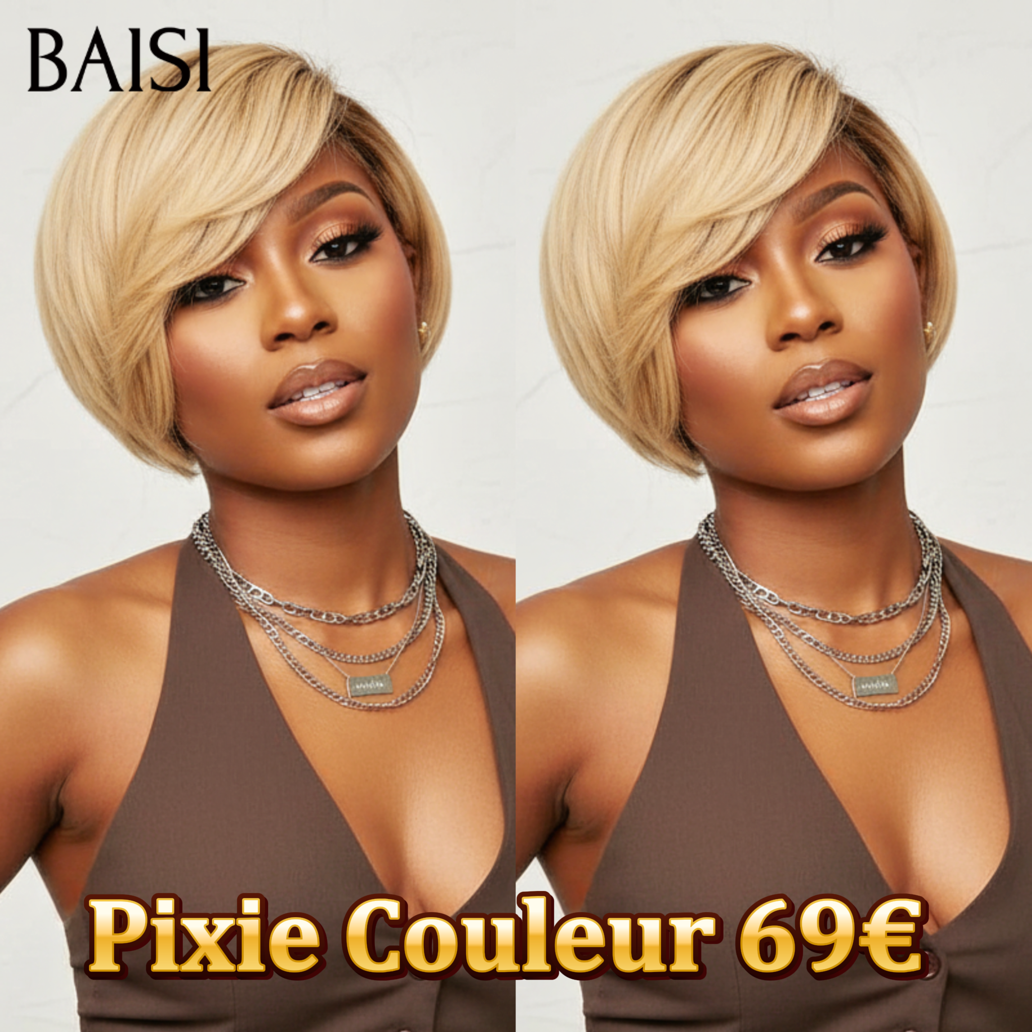 BAISI PROMOTION Pixie Couleur 69€ ou Noël 69€ Perruque 4X4 lace pixie Lisse NOIR Moitié Prix  8 Pouces en 100% Cheveux Humains MP50