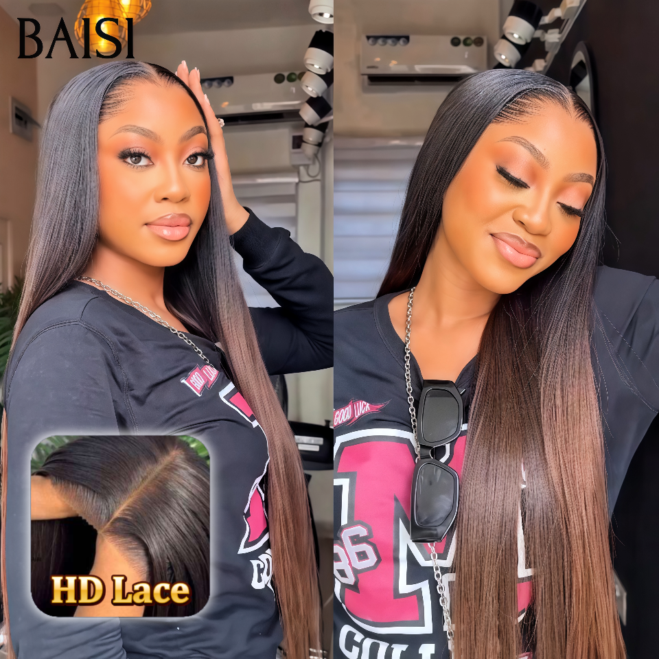 BAISI Sans Colle 13X4 HD lace frontal Perruque Promo pour revendre long lisse marron 1BT4# Invisible HD lace 100% Raw Hair en 100% vrais cheveux humains
