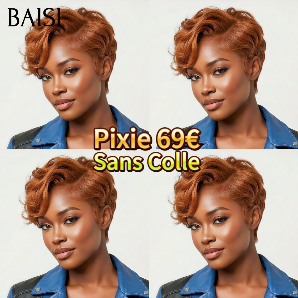 BAISI  13X4 lace perruque pixie lisse ou afro curl en Couleur Marron Mix miel 4#27# F-905 en 100% Vrais Cheveux Humains