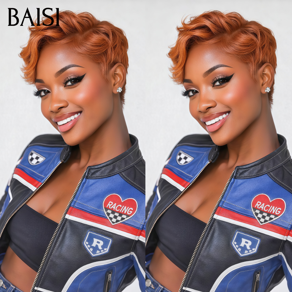 Sans colle pixie vague 68€ Moitié prix produit en couleur orange en 100% Cheveux Humains