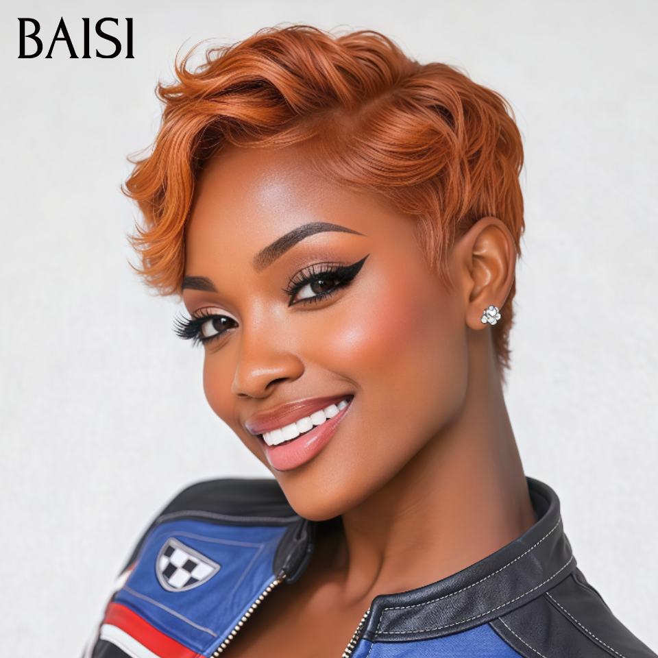 Sans colle pixie vague 68€ Moitié prix produit en couleur orange en 100% Cheveux Humains
