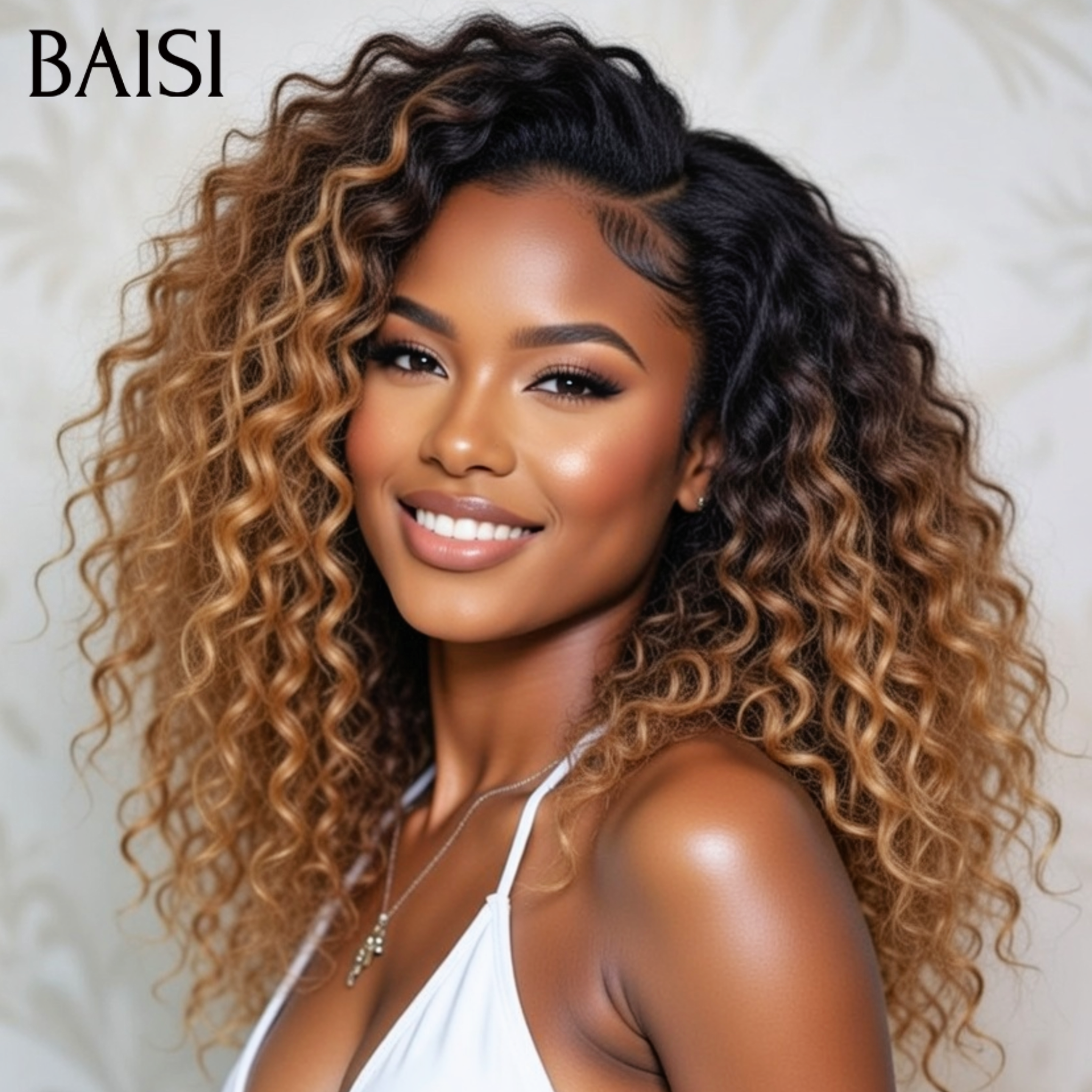 BAISI 13x4 Frontal Curly Wave Wig, Brown #1B-4, 100% Raw Hair