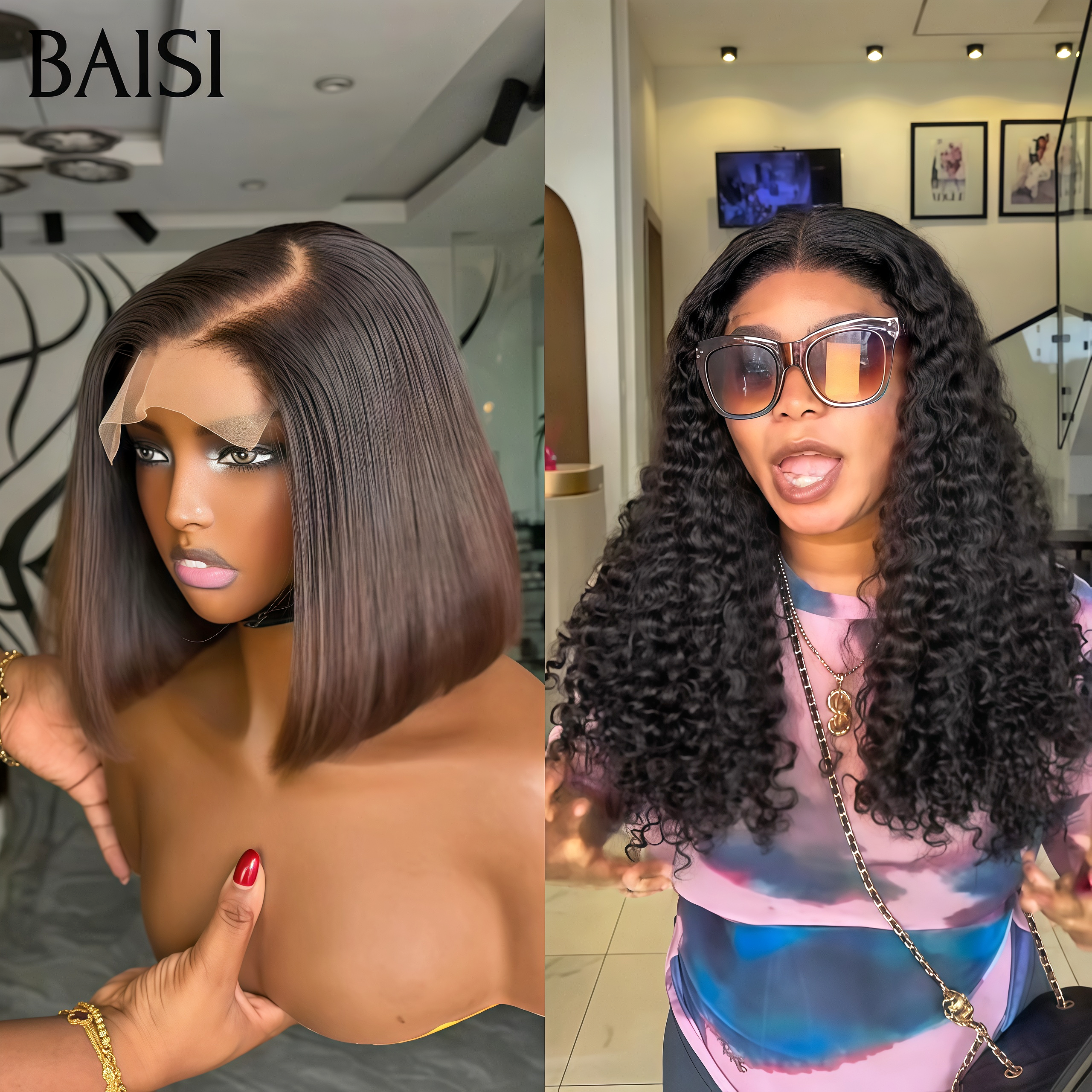 BAISI Achetez 1 + 1 Gratuite 179€ 13x4 Lace frontal curly wave 22 Pouces et 4x4 Lace Lisse BOB 10 Pouces 1BT4# en 100% Cheveux Humains