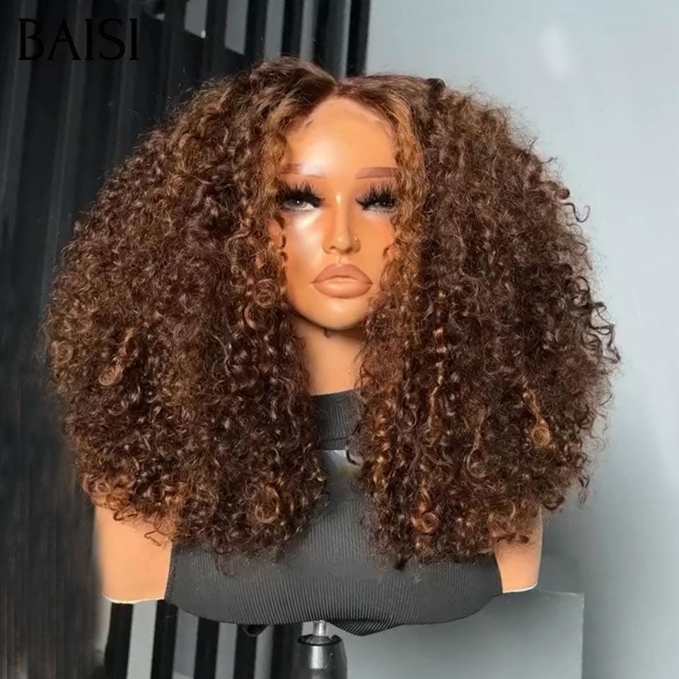 BAISI 13X4 lace perruque kinky curly frontale 20 pouces 300% densité en Couleur marron 4#mix30# 100% cheveux humains