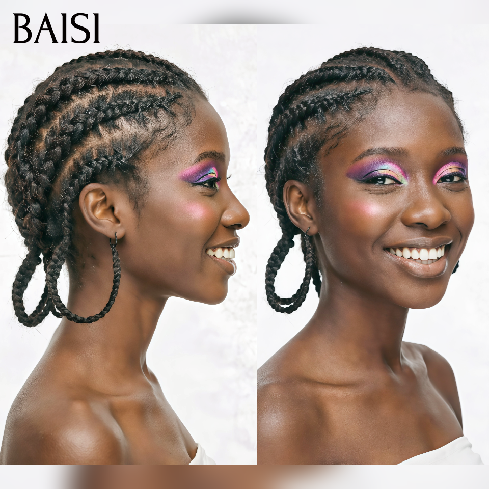 BAISI Moitié Prix 169€ Perruque Full lace avec coiffure tressée natte NOIR Style personnalisé en 100% Cheveux Humains