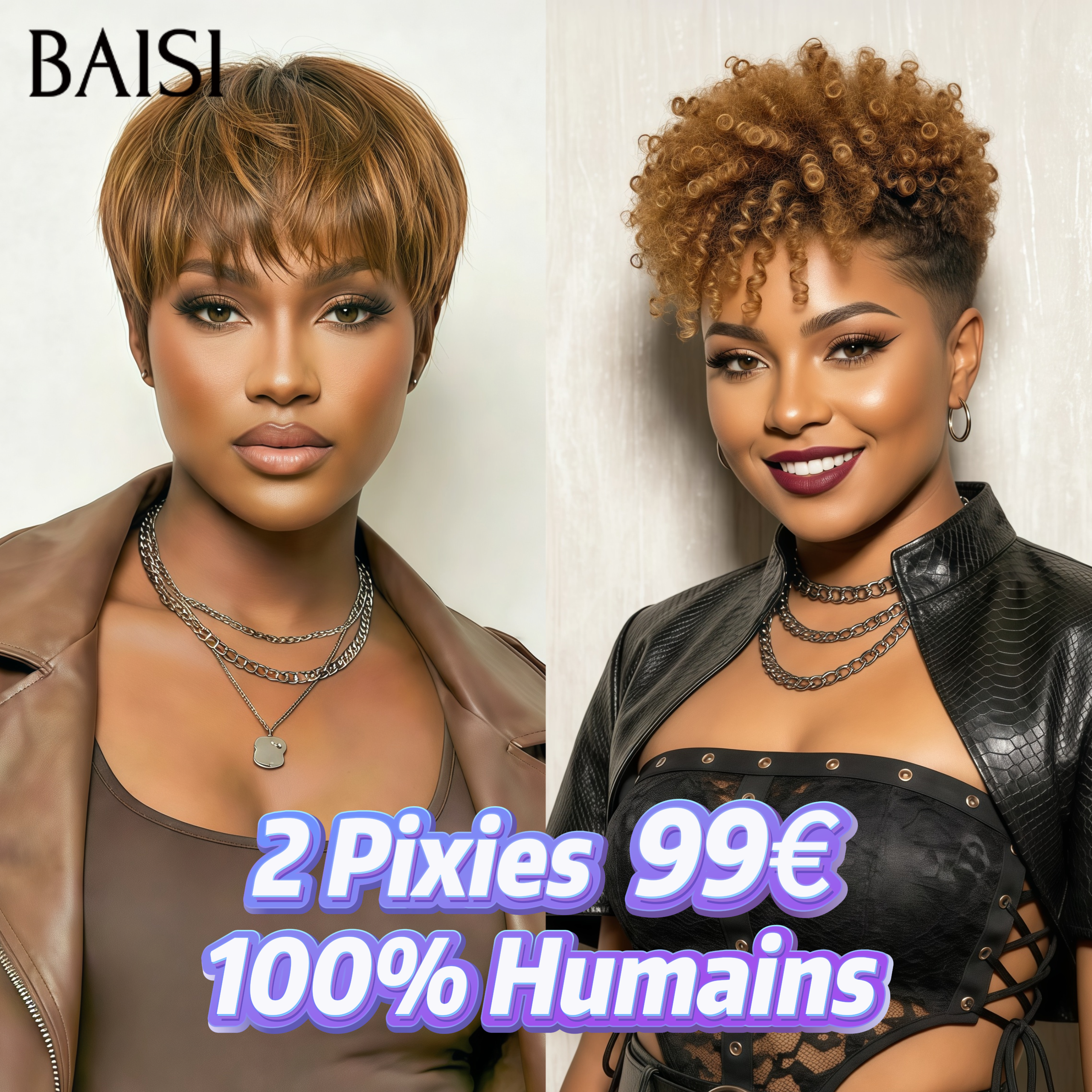 BAISI 2 Perruques 99€ sans colle lisse ou kinky curly marron Fabriqué à la Machine 100% vrais cheveux humains
