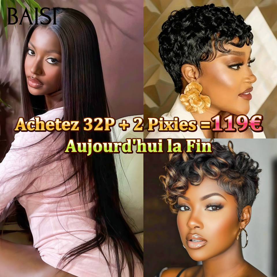 BAISI Achetez 32 pouces + 2 Pixies =119€ Moitié prix lisse 32 Pouces Blended hair et 2 pixie perruque chioma 100% Cheveux Humains