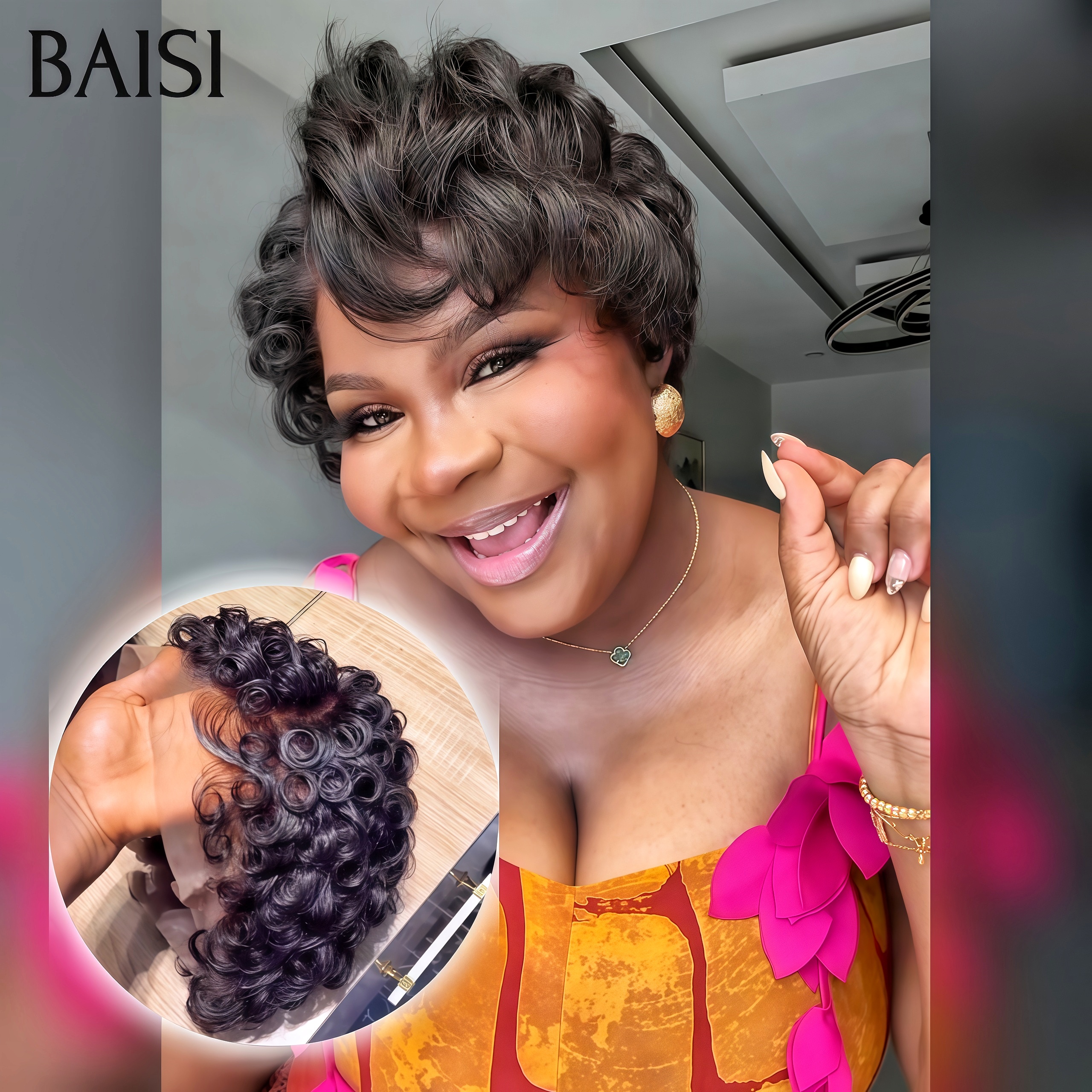 BAISI  Perruque Chioma pixie 13x4 lace frontal finger wave NOIR Moitié Prix Livraison Express 48H en 100% cheveux humains