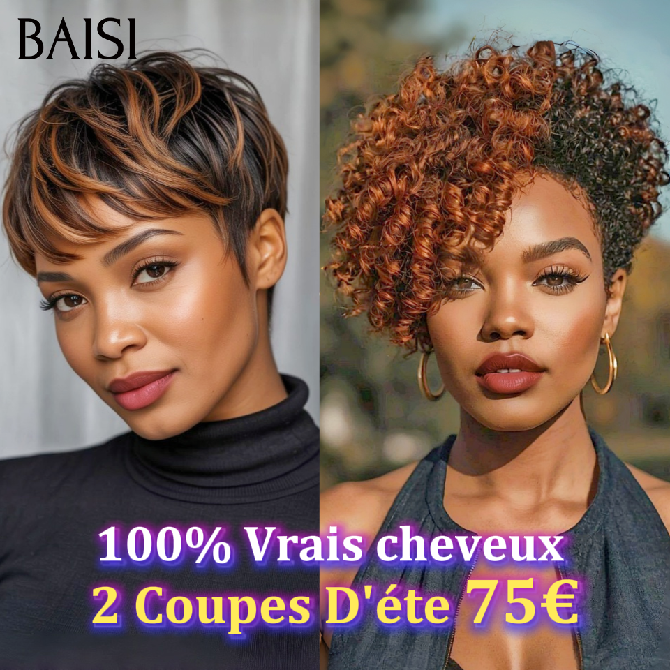 BAISI 2 Perruques 75€ sans colle lisse ou kinky curly NOIR Mixte brun Fabriqué à la Machine 100% vrais cheveux humains