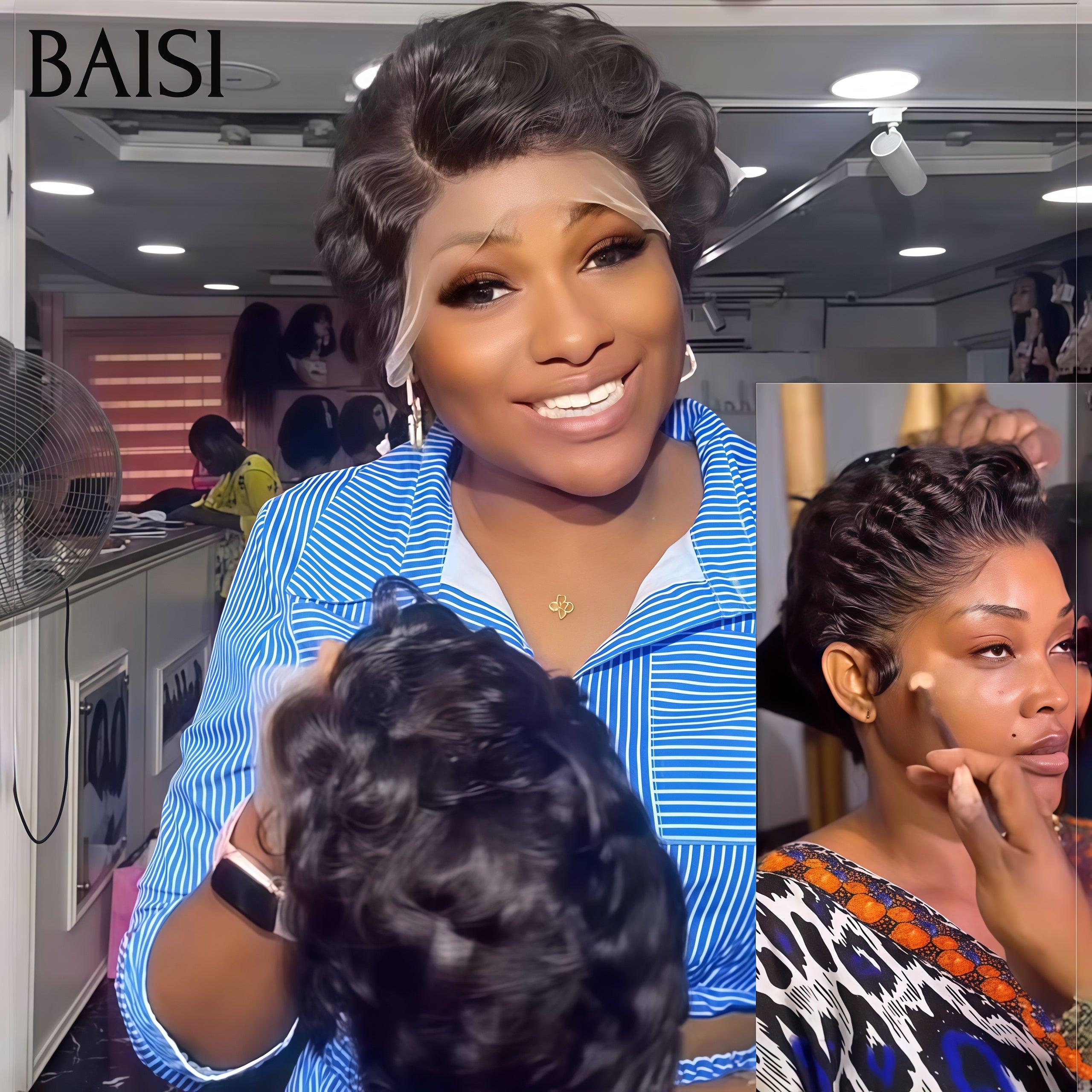 BAISI 13x4 Lace Frontale Perruque finger wave Pixie Moitié Prix petite coupe 58€ En 100% Cheveux Humains MP50
