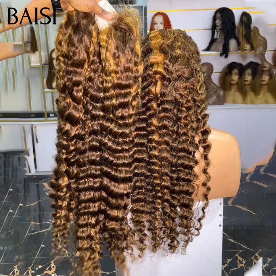 BAISI 13x4 lace Perruque deep Wave en couleur Marron Mixte miel 4/27# en100% Cheveux Humains