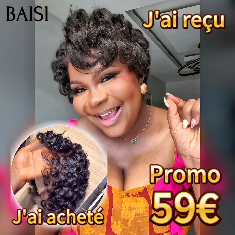 BAISI  Perruque Chioma pixie 13x4 lace frontal finger wave NOIR Moitié Prix Livraison Express 48H en 100% cheveux humains