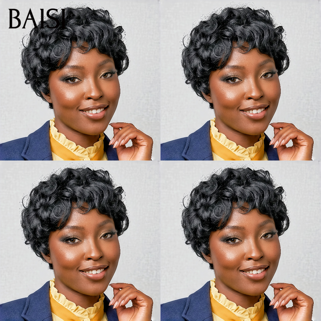 BAISI BLACK FRIDAY Offre limitée Perruque Chioma pixie sans lace 38€ finger wave NOIR Moitié Prix en 100% cheveux humains MP50