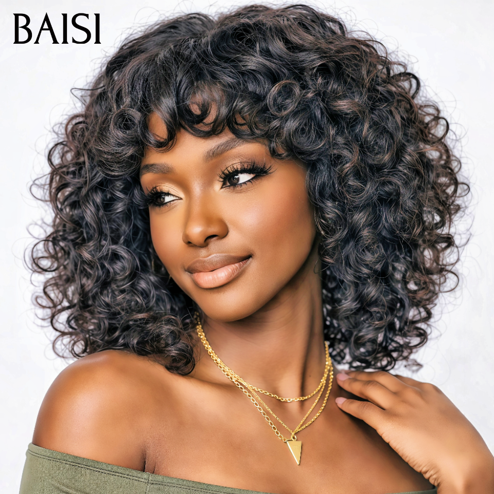 BAISI € 66 Parrucca Bob EGG wave con frangia nera senza colla senza pizzo in capelli umani al 100% BAISI20